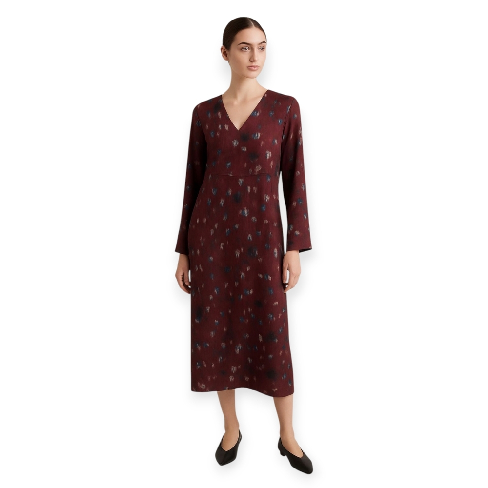 JIGSAW Burgundy Stretch Silk Long-Sleeve Midi Dress with Abstract Floral Print